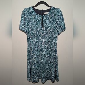 Loft Floral Fit & Flare Keyhole Dress Blue Green Women's Size 0 New with Tags